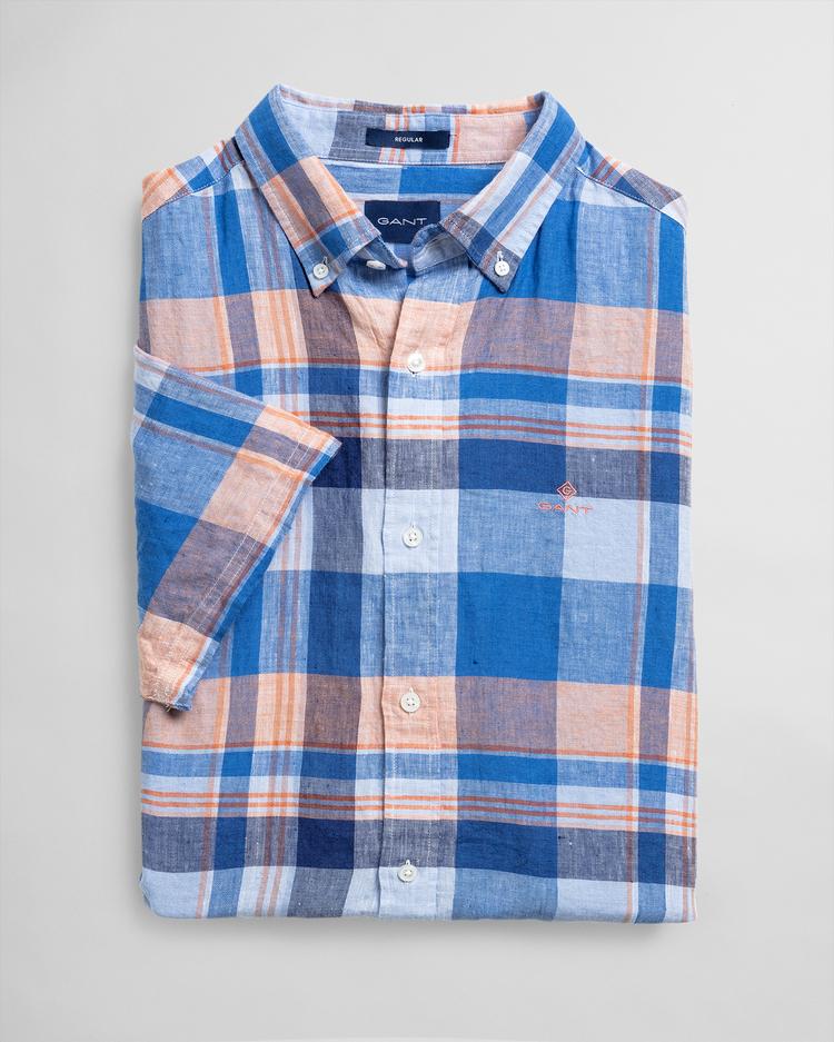 GANT Men's Blue Regular Fit Checked Linen Shirt