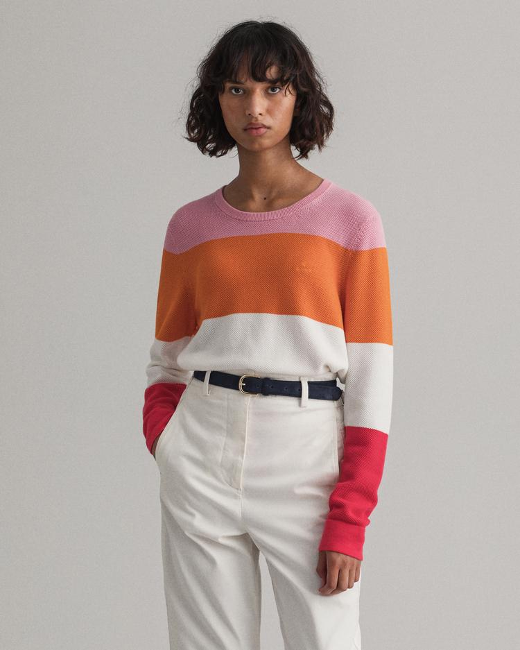 GANT Women's Cotton Pique Stripe C-Neck Sweater