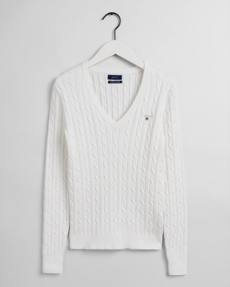 GANT sweter z elastycznej bawełny o splocie warkoczowym z dekoltem w kształcie litery V