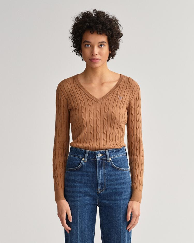 GANT damski sweter z elastycznej bawełny o splocie warkoczowym z dekoltem w kształcie litery V - 480022