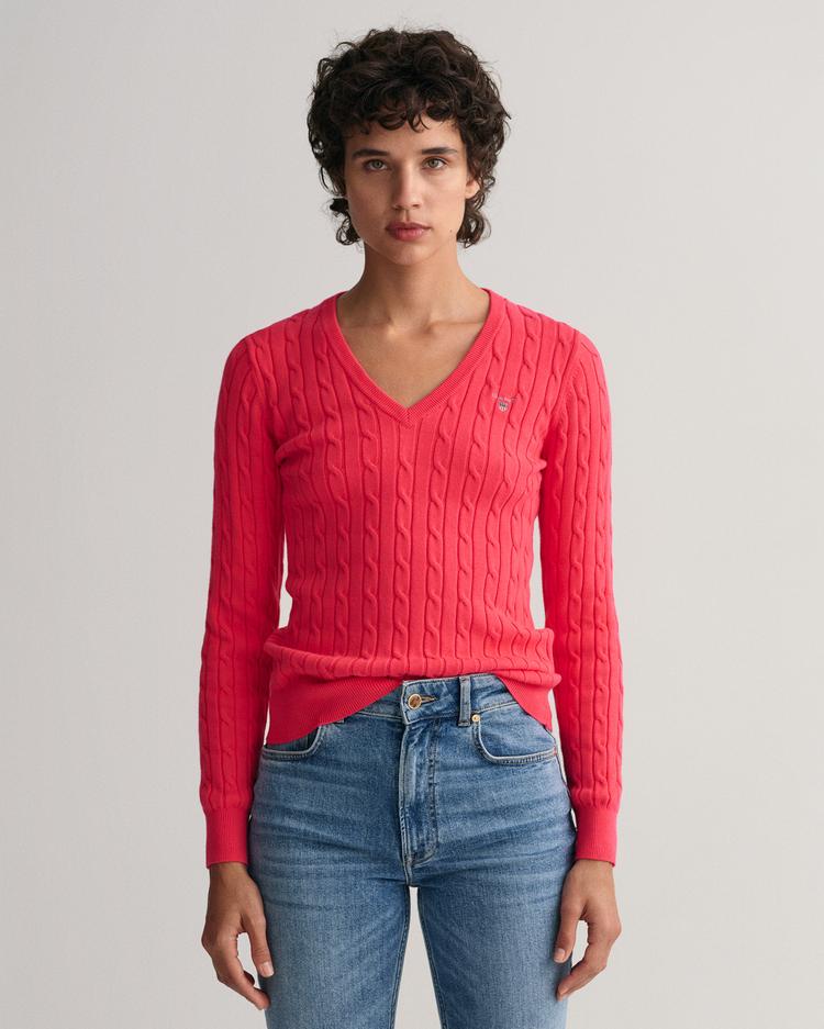GANT sweter z elastycznej bawełny o splocie warkoczowym z dekoltem w kształcie litery V - 480022