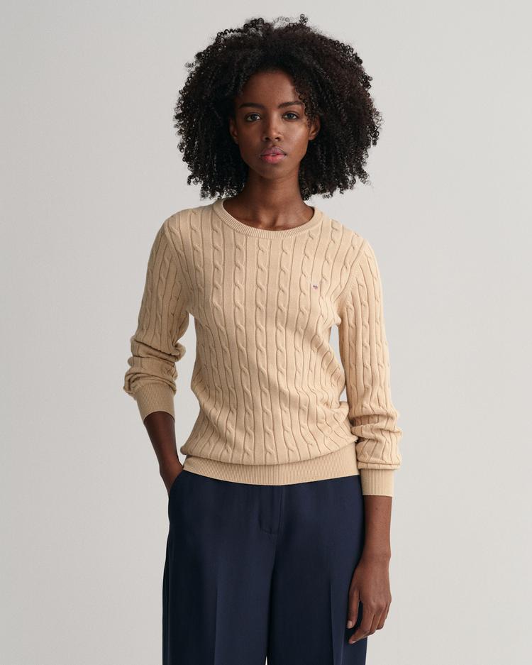GANT sweter z elastycznej bawełny o splocie warkoczowym z okrągłym dekoltem - 480021