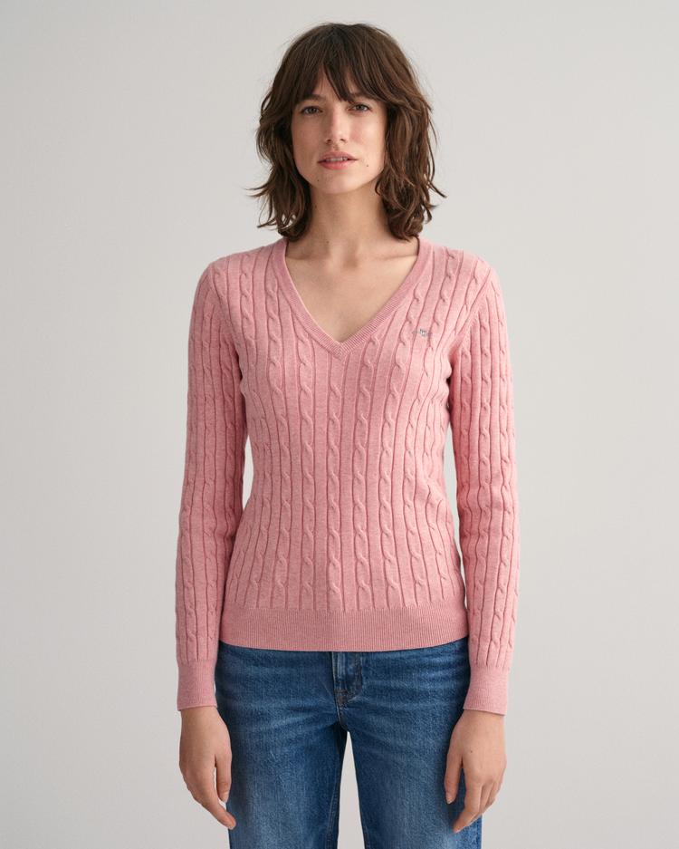 GANT Sweter z elastycznej bawełny o splocie warkoczowym z dekoltem w kształcie litery V - 4800101