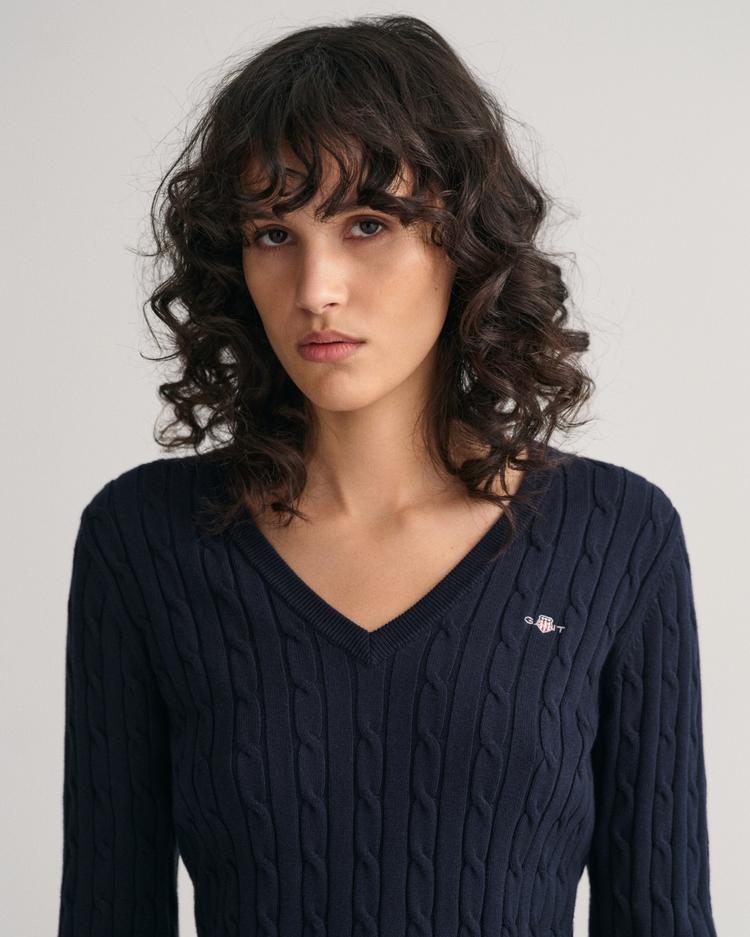 GANT Sweter z elastycznej bawełny o splocie warkoczowym z dekoltem w kształcie litery V