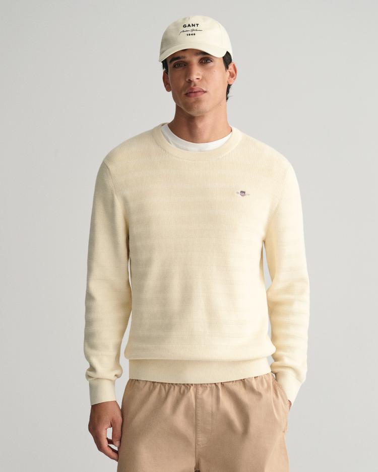 GANT teksturowany sweter bawełniany w paski z okrągłym dekoltem - 8030198